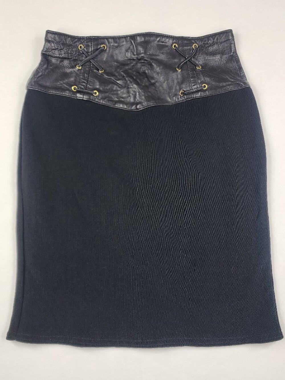 VTG J. Harris Size 6 Black Leather Mini Skirt Zipper Gothic Stretch Punk Biker
